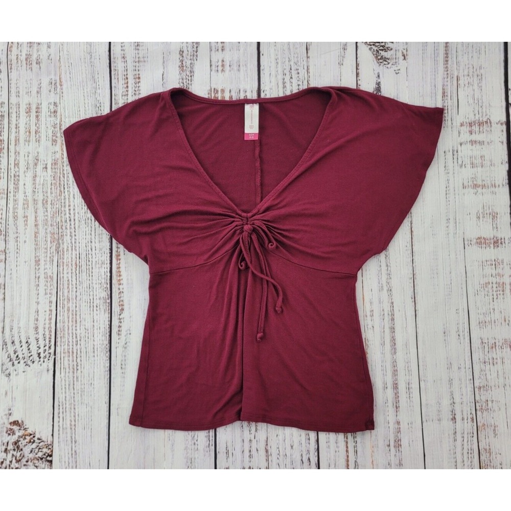 No Boundaries Burgundy Wine Flutter Sleeve Ruched Front Blouse Women's S